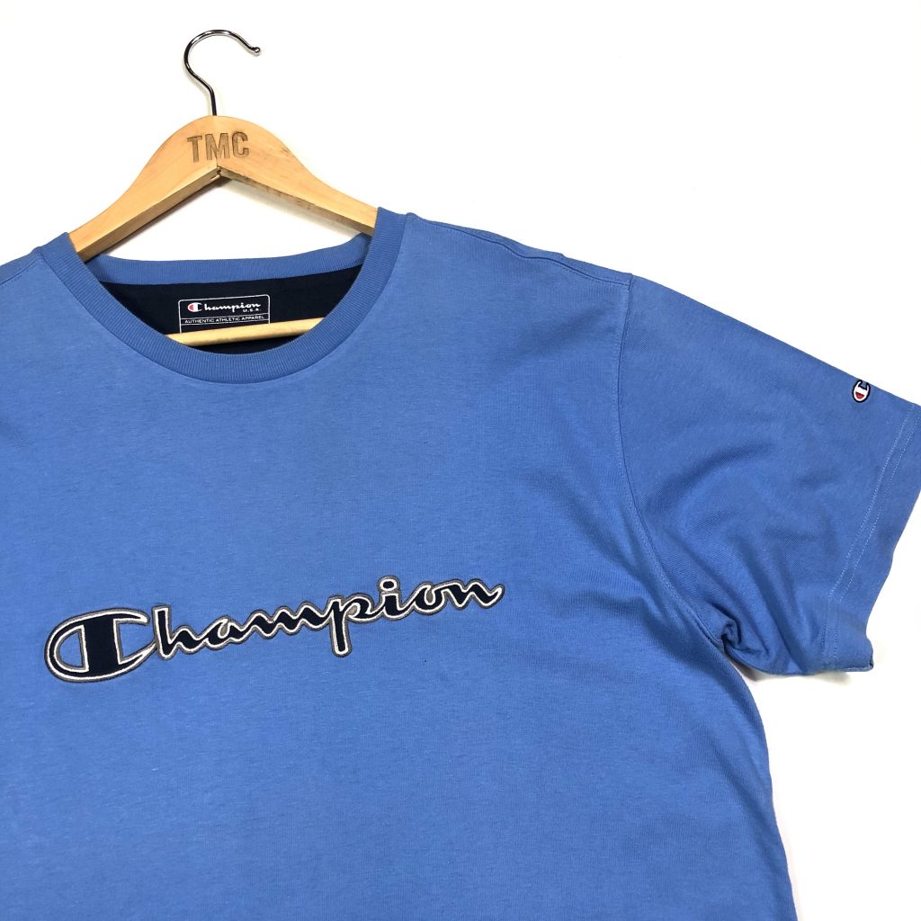 Champion Spell Out T-Shirt - Blue - XL - TMC Vintage - Vintage Clothing