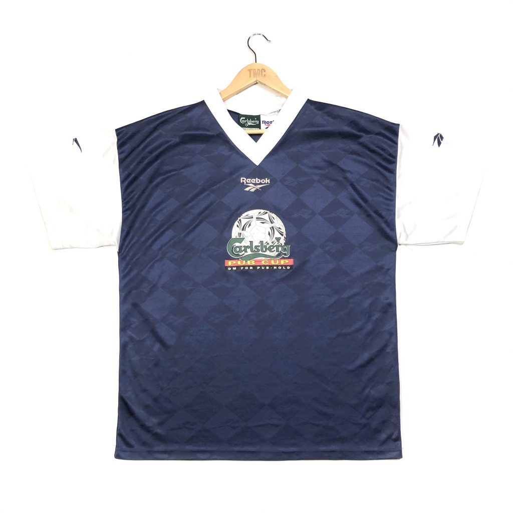 vintage reebok calsberg navy football shirt