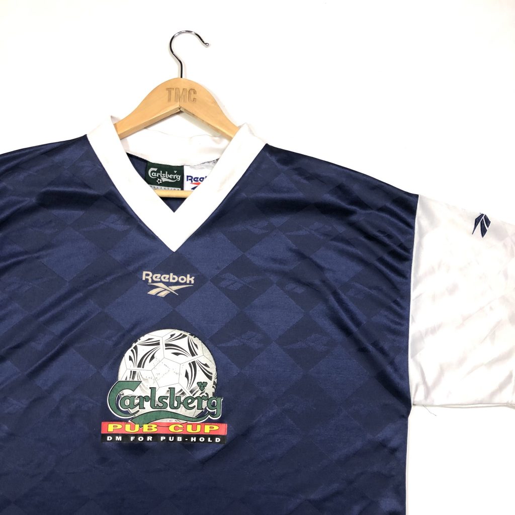 vintage reebok calsberg navy football shirt