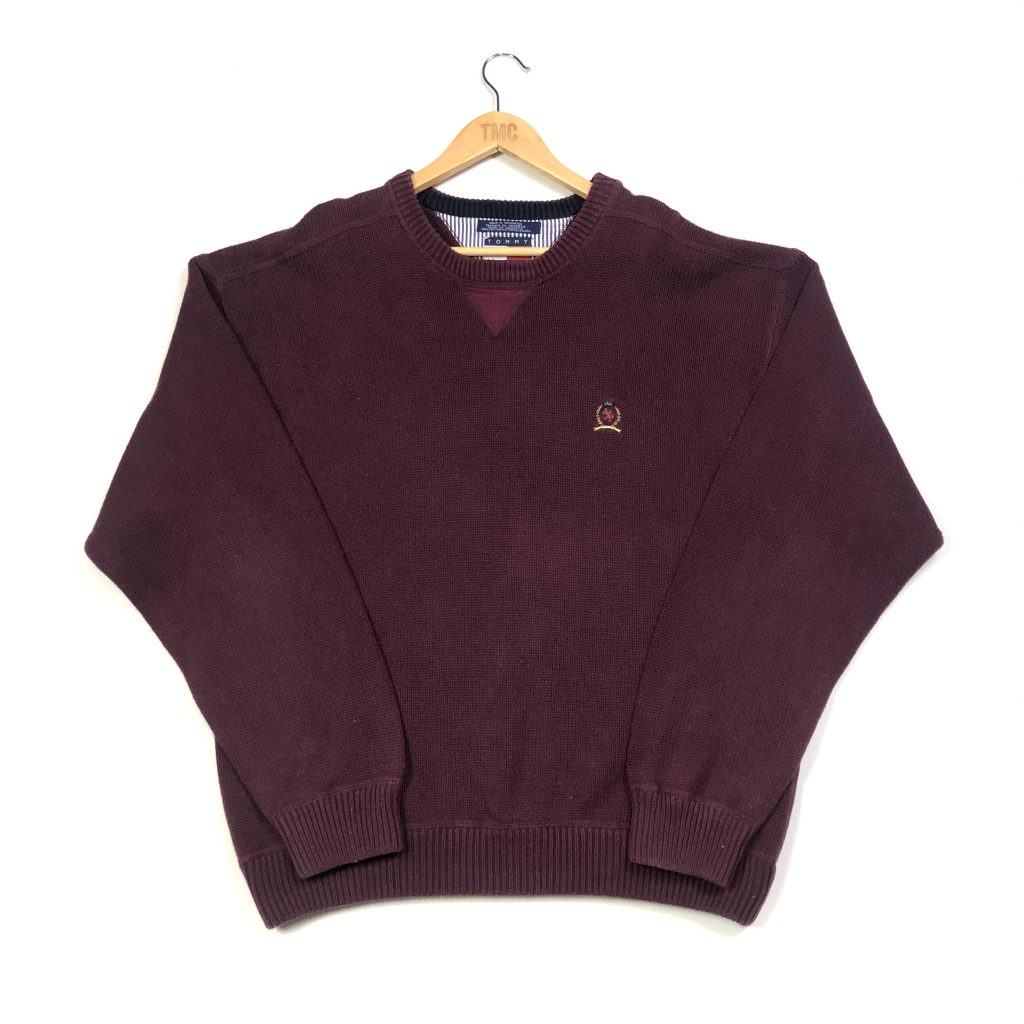 vintage Tommy Hilfiger burgundy knit jumper with embroidered crest logo