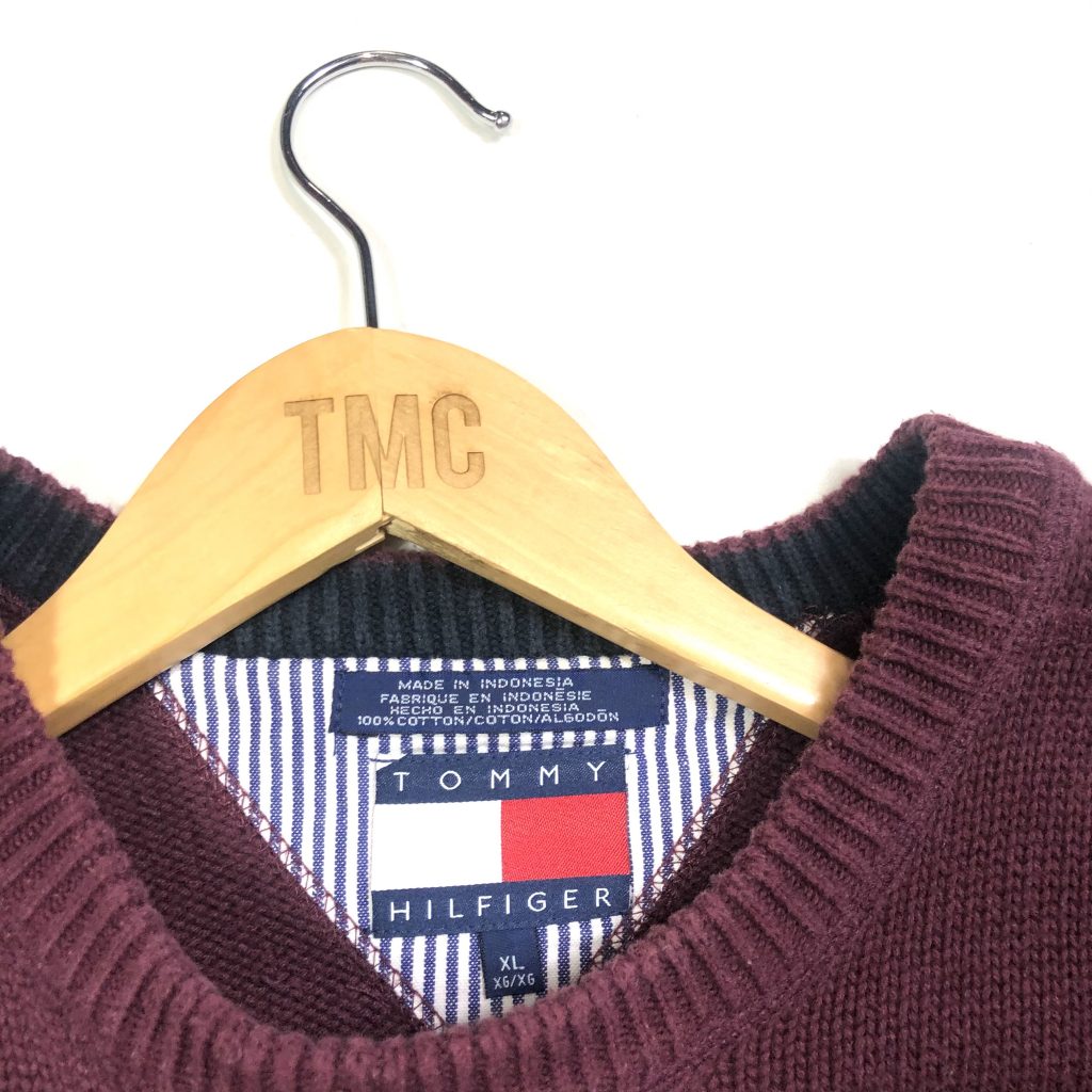 vintage Tommy Hilfiger burgundy knit jumper with embroidered crest logo