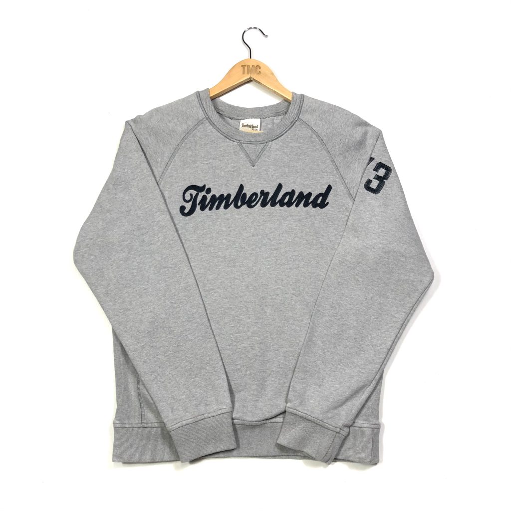 vintage timberland grey sweatshirt with embroidered spell out logo