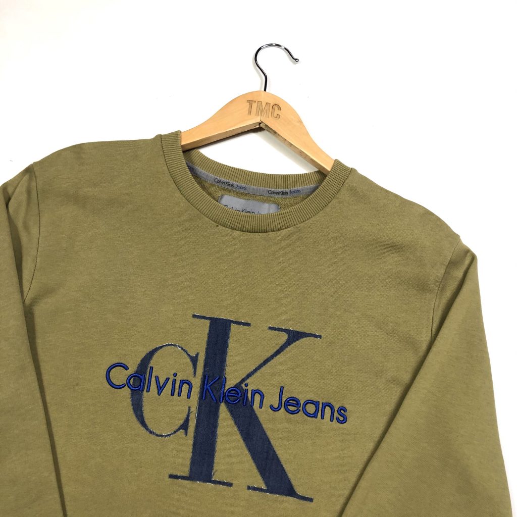 Calvin Klein Embroidered Sweatshirt - Khaki - S - TMC Vintage Clothing