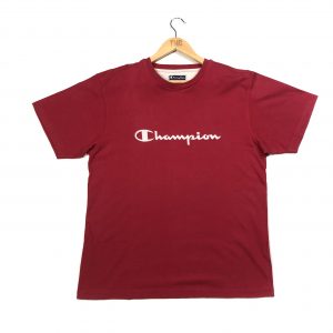 vintage champion spell out script logo red t-shirt