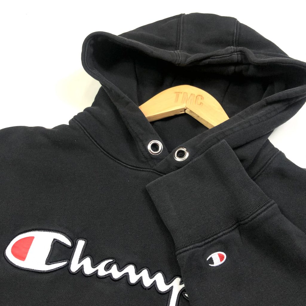 vintage champion embroidered script logo black hoodie
