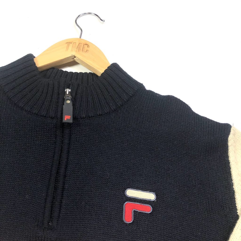 vintage fila embroidered quarter zip black knit jumper