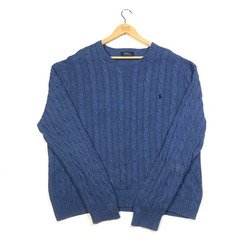Ralph Lauren Cable Knit Jumper - Blue - XL - TMC Vintage Clothing