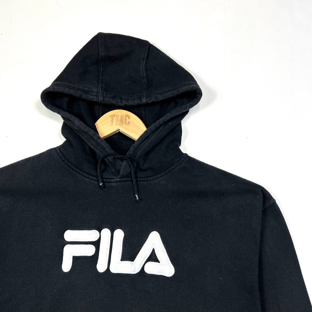 vintage clothing fila black embroidered spell out logo hoodie