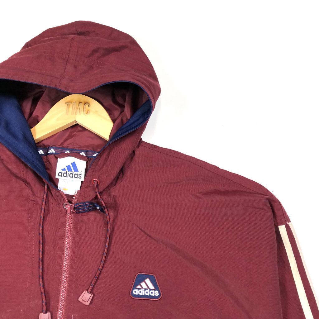 vintage clothing 90s adidas pull over burgundy hooded waterproof jacket