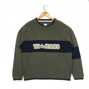 vintage clothing tommy hilfiger khaki knit ribbed jumper with big embroidered logo