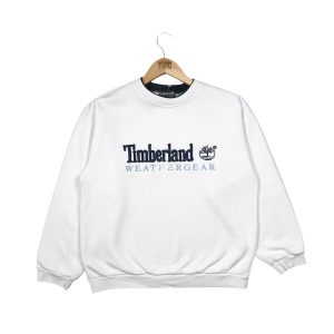 vintage clothing timberland white sweatshirt with embroidered spell out logo