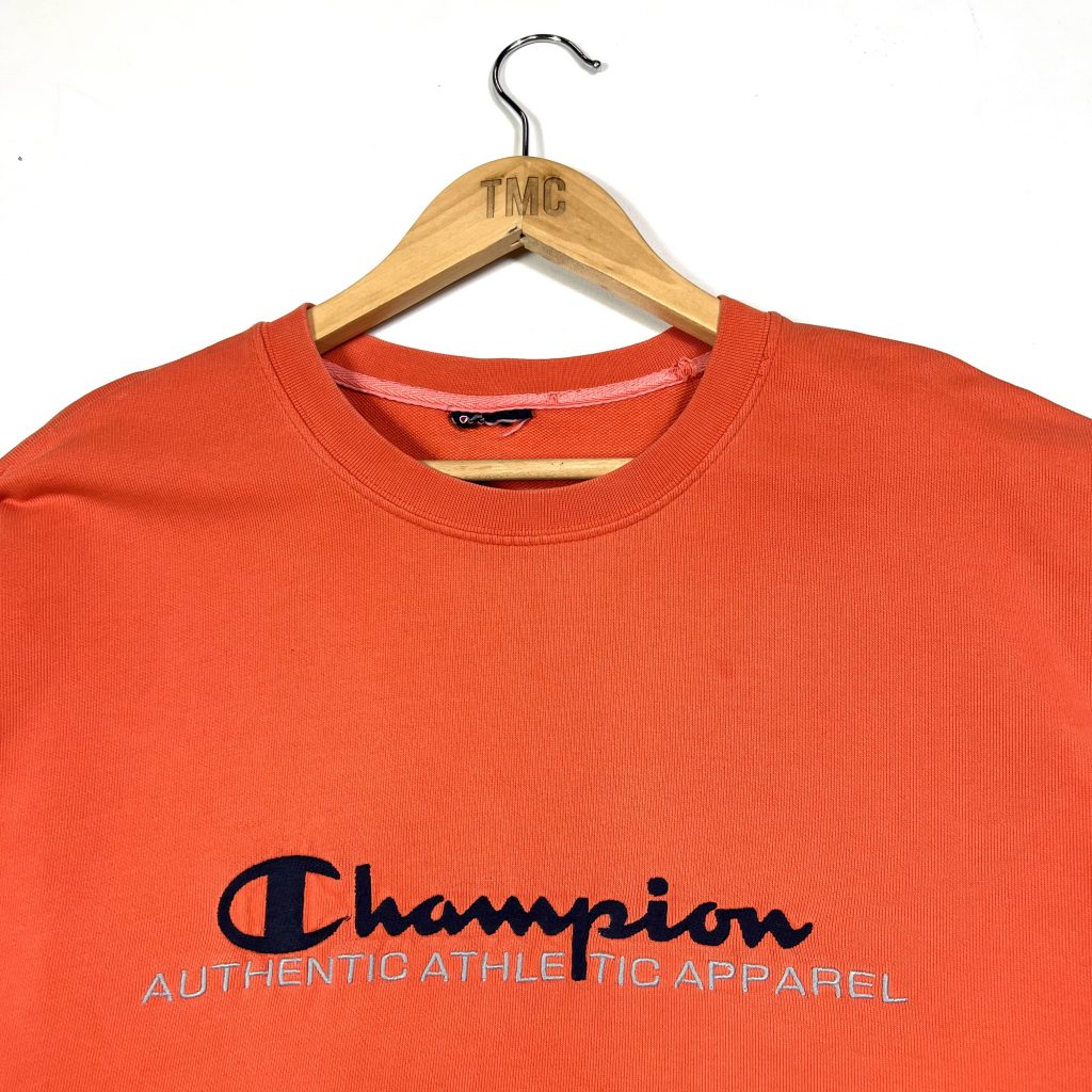 vintage clothing champion spell out script logo orange sweatshirt