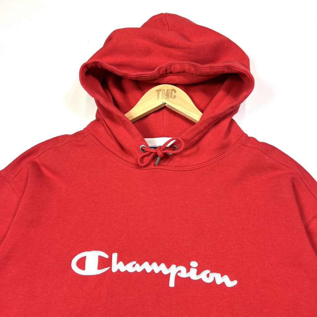 vintage clothing champion embroidered script logo red hoodie