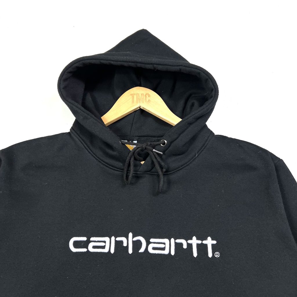 vintage carhartt black embroidered spell out logo hoodie
