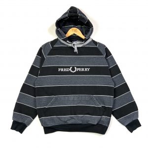 vintage fred perry black and grey striped embroidered logo hoodie