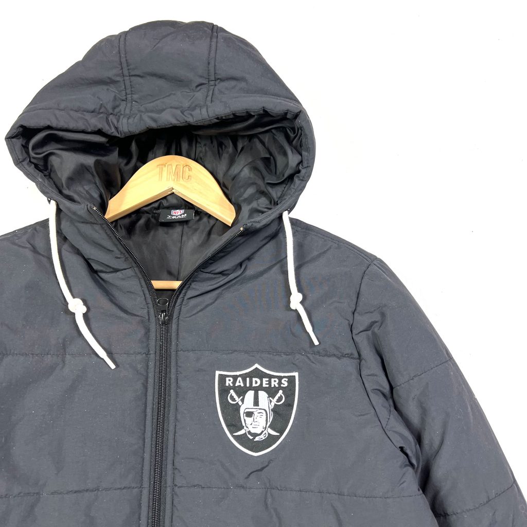 vintage clothing usa nfl oakland raiders black hooded puffer jacket