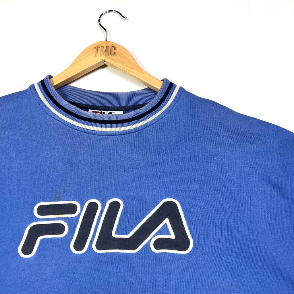 vintage fila embroidered spell out logo blue sweatshirt