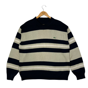 vintage clothing Lacoste navy and cream striped knitted jumper with crocodile logo