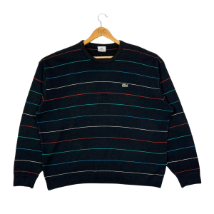vintage clothing lacoste black knit jumper with multicoloured stripes