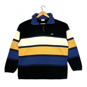 vintage lacoste black quarter-zip sweatshirt with yellow, blue and white stripes
