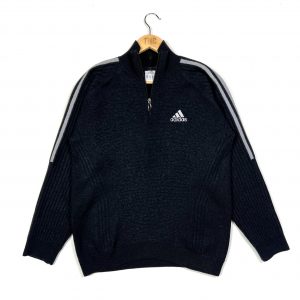 vintage adidas black quarter-zip ribbed knitted jumper with 3-stripes sleeves