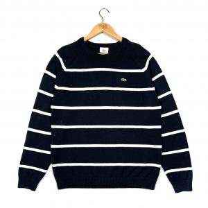 lacoste navy and white horizontal striped vintage knitted jumper