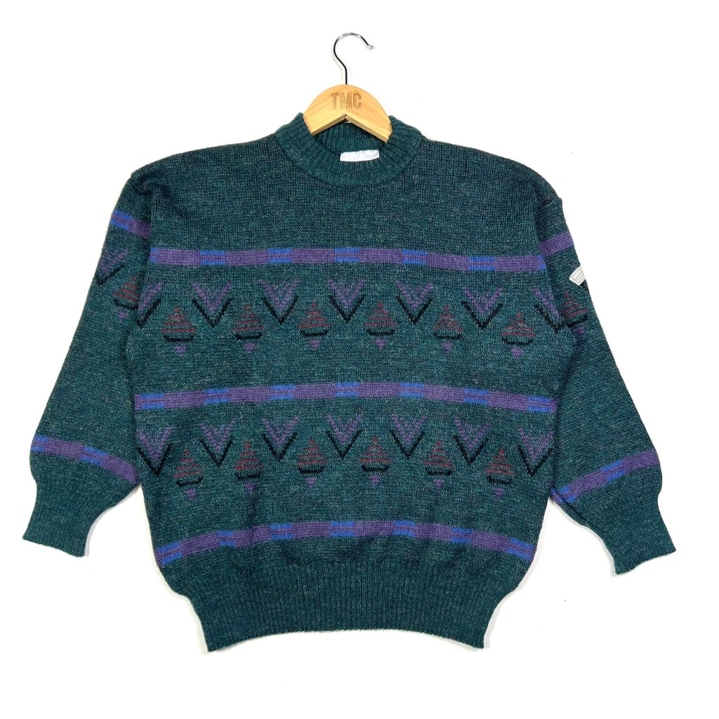 90's Adidas Patterned Knit Jumper - Green - S - TMC Vintage Clothing