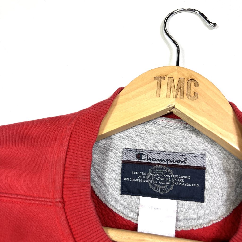 champion red big embroidered textured logo vintage sweatshirt