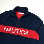 navy nautica branded quarter-zip fleece with embroidered spell out logo