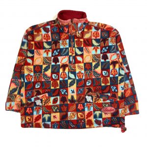 a vintage diadora red quarter-zip fleece with leaf patchwork pattern