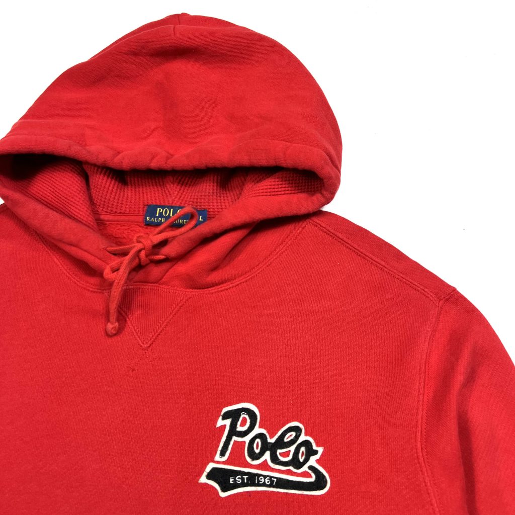 vintage ralph lauren polo red hoodie with patch spell out logo