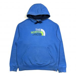 vintage blue north face hoodie with embroidered spell out logo