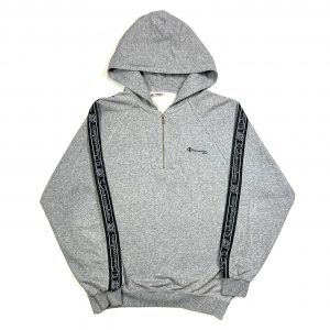 vintage grey champion tape hoodie with quarter-zip and tape logo sleeves