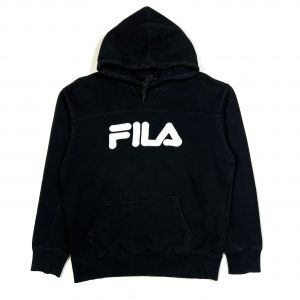 black vintage fila hoodie with white embroidered spell out logo