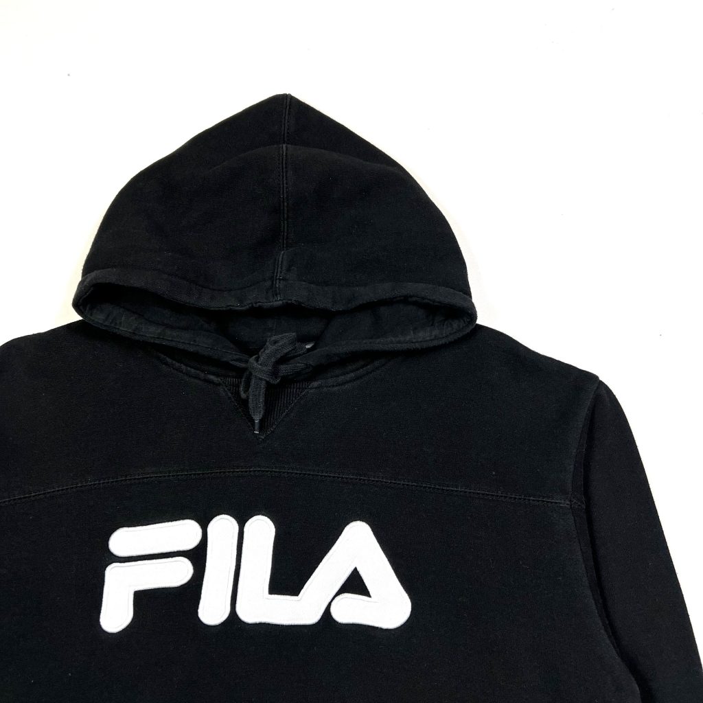 black vintage fila hoodie with white embroidered spell out logo