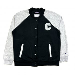vintage champion grey and black jersey bomber jacket with big c logo