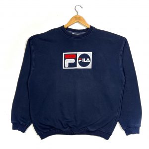 fila navy vintage sweatshirt with felt embossed spell out logo