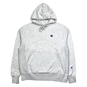 vintage champion reverse weave grey hoodie with colourful embroidered c logo