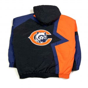 a vintage nfl chicago bears hooded padded jacket with embroidered team logo on the back