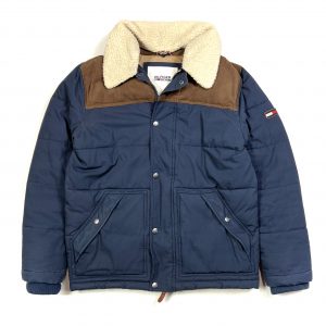 a vintage navy tommy hilfiger padded jacket with sherpa fluffy collar