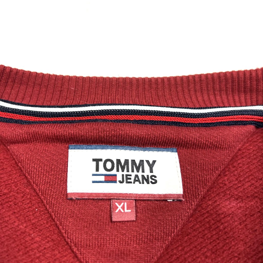 vintage tommy hilfiger red sweatshirt with embroidered tommy jeans spell out