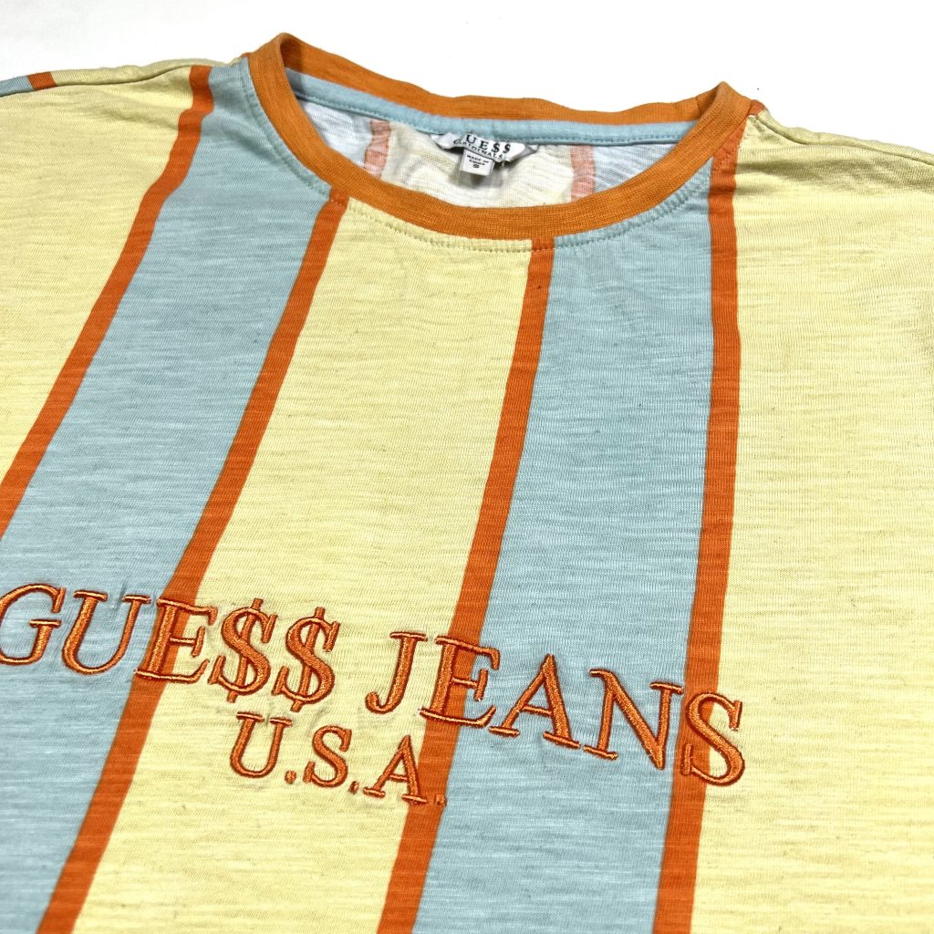 vintage guess jeans and asap yellow and blue striped t-shirt