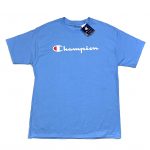 a blue champion printed script logo short sleeve t-shirt