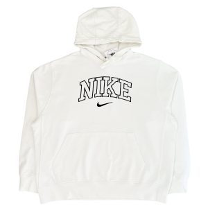 a nike white vintage hoodie with black embroidered spell out logo