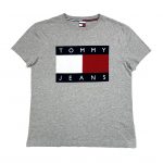 a grey vintage tommy hilfiger short sleeve t-shirt with a big felt logo