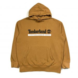 a mens timerland mustard coloured hoodie with printed logo