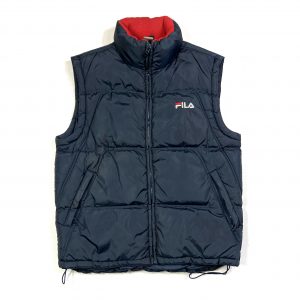 a vintage fila navy gilet jacket with miniature embroidered logo