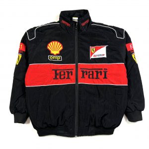 a vintage black ferrari f1 racing jacket with embroidered patch logos and sponsors