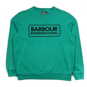 green barbour sweatshirt with printed ‘barbour international’ on the front