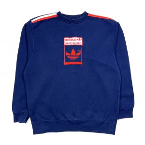 Blue Adidas oversized sweatshirt with red embroidered trefoil logo